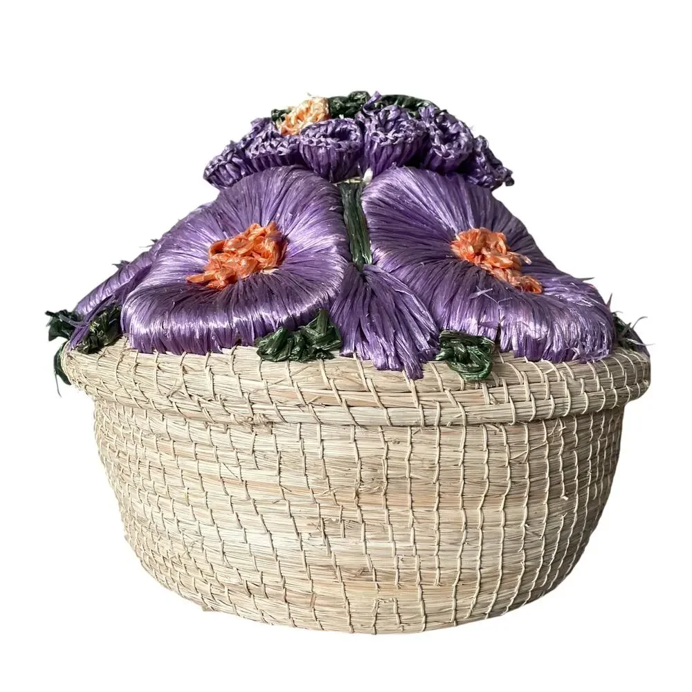 Vintage Straw Basket Raffia Flowers Covered Dome Lid Large Sewing Boho Grandma